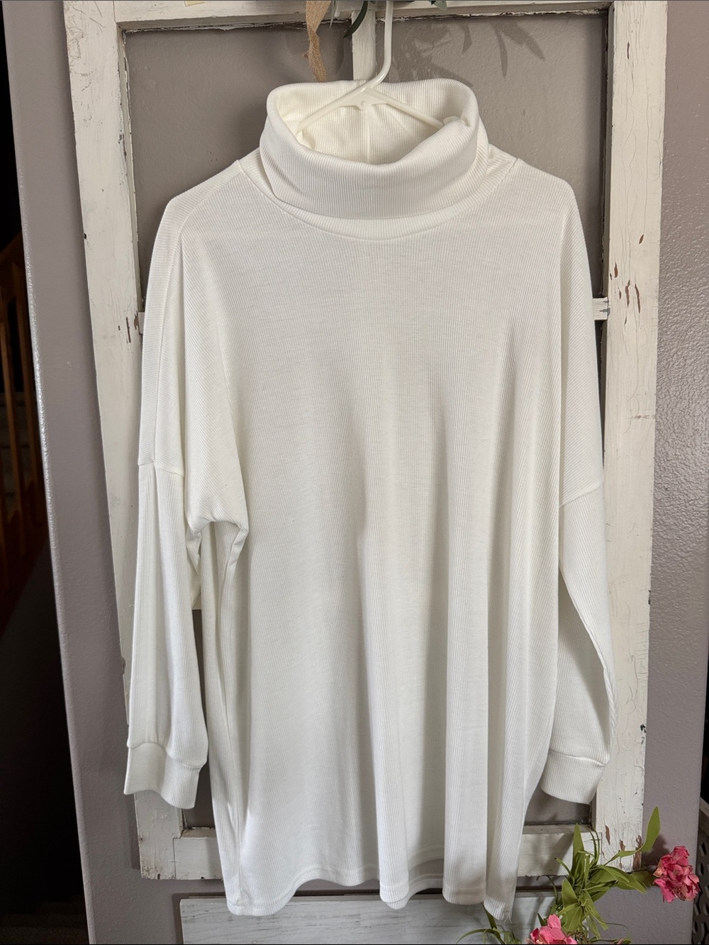 Ivory ribbed knit women’s shift dress with loose turtleneck - New!